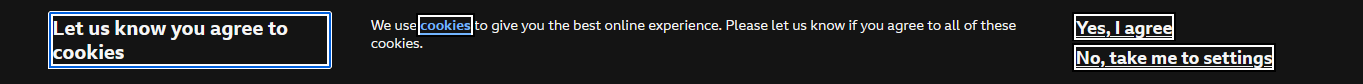 BBC cookie banner showing focus styles for all elements at once, creating a stark visual difference between interactive elements and surrounding content