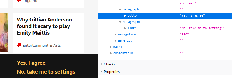 The BBC cookie banner showing how it follows best practices for buttons and links in order to make the most semantic sense with the behaviour of the main cookie banner call to actions