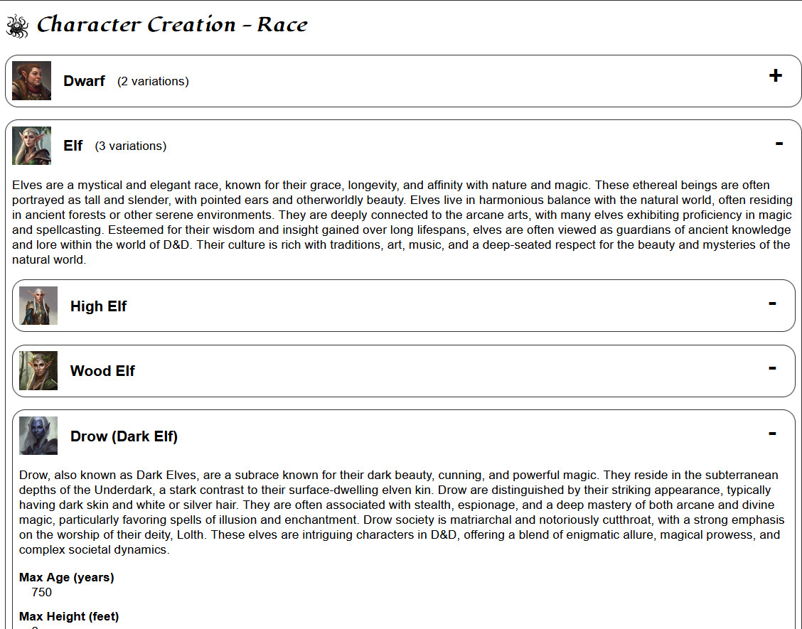 Character race editing screen showing races, and associated subraces, with character portraits and race details
