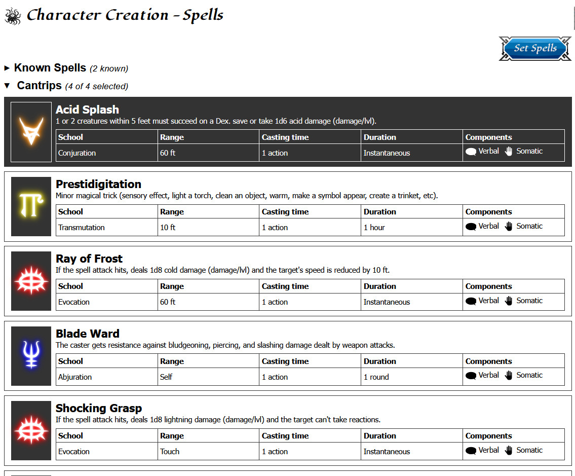 Character spell selection screen showing spells applicable for a character by their race, class, and level