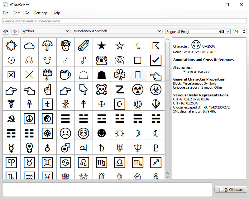 KCharSelect showing some characters from the Segoe UI Emoji font