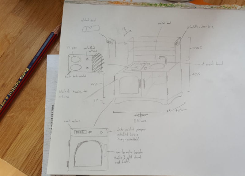First draft sketch of the kitchen showing overall box-like shape with hob and sink, some detailing on the over door area with timer and buttons, and a shelf structure over the whole thing