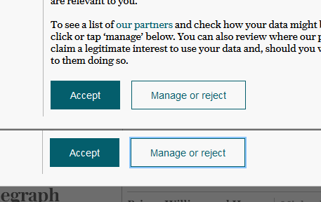 Telegraph modal showing an unfocused and focused button to highlight the poor colour contrast of the button shadow used to indicate focus