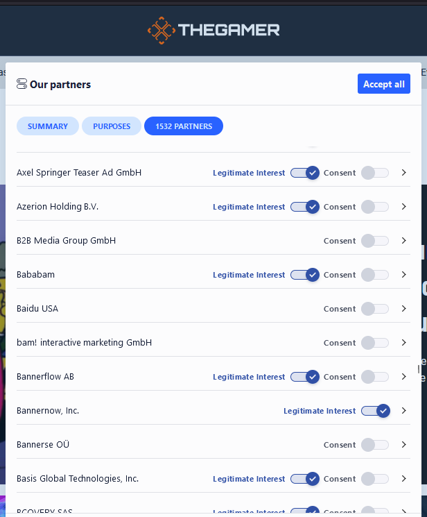 The Gamer cookie modal showing some of the many 280 Legitimate Interest checkboxes which need to be individually de-selected