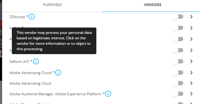 Thenerdstash cookie modal showing pale blue information icons which fail colour contrast against the white background, and trigger popover text which is not read out by a screen reader