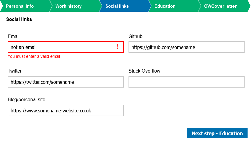 Example multi-step form showing fields to enter links to various social profiles